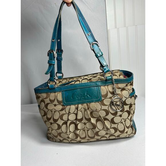 Coach Signature Pleated East West Gallery Shoulder Bag, Green and Tan - Picture 1 of 16